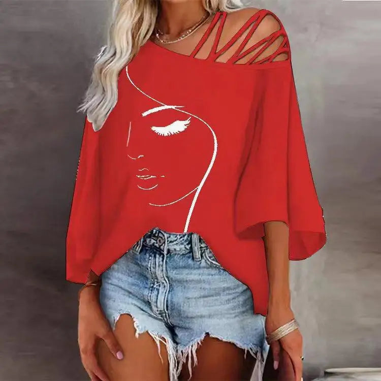 Women's Fashion Tees Casual Top 2025 Summer Print Hollow Out Female Sexy Loose T-shirt womans clothing S-XXL