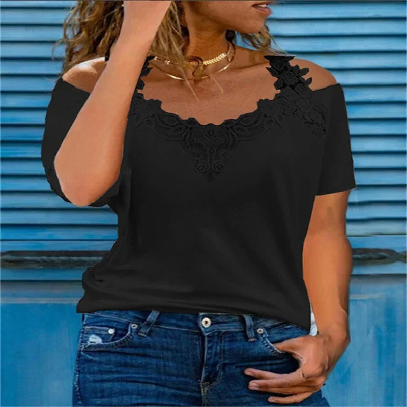 Summer Short Sleeve Sexy Lace Shirt Women Casual V Neck Loose T Shirt Ladies Hollow Off The Shoulders Sling Elegant Pullover Top
