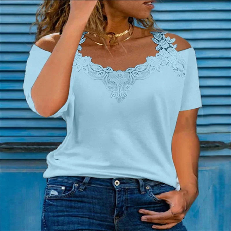 Summer Short Sleeve Sexy Lace Shirt Women Casual V Neck Loose T Shirt Ladies Hollow Off The Shoulders Sling Elegant Pullover Top