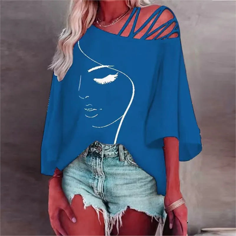 Women's Fashion Tees Casual Top 2025 Summer Print Hollow Out Female Sexy Loose T-shirt womans clothing S-XXL