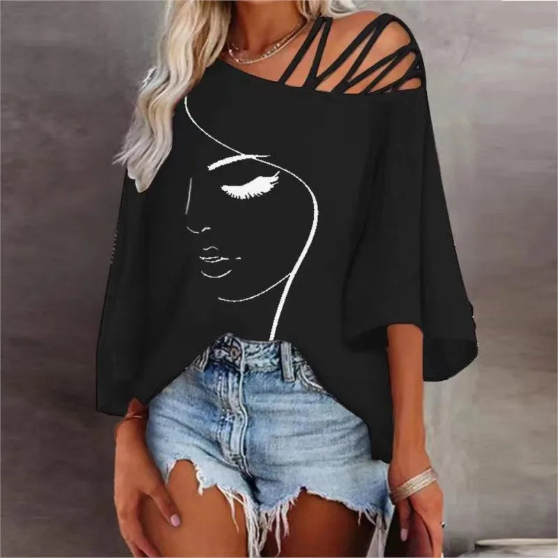 Women's Fashion Tees Casual Top 2025 Summer Print Hollow Out Female Sexy Loose T-shirt womans clothing S-XXL