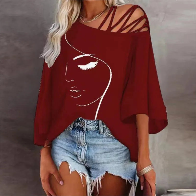 Women's Fashion Tees Casual Top 2025 Summer Print Hollow Out Female Sexy Loose T-shirt  womans clothing S-XXL