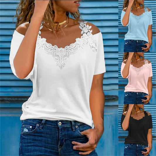 Summer Short Sleeve Sexy Lace Shirt Women Casual V Neck Loose T Shirt Ladies Hollow Off The Shoulders Sling Elegant Pullover Top