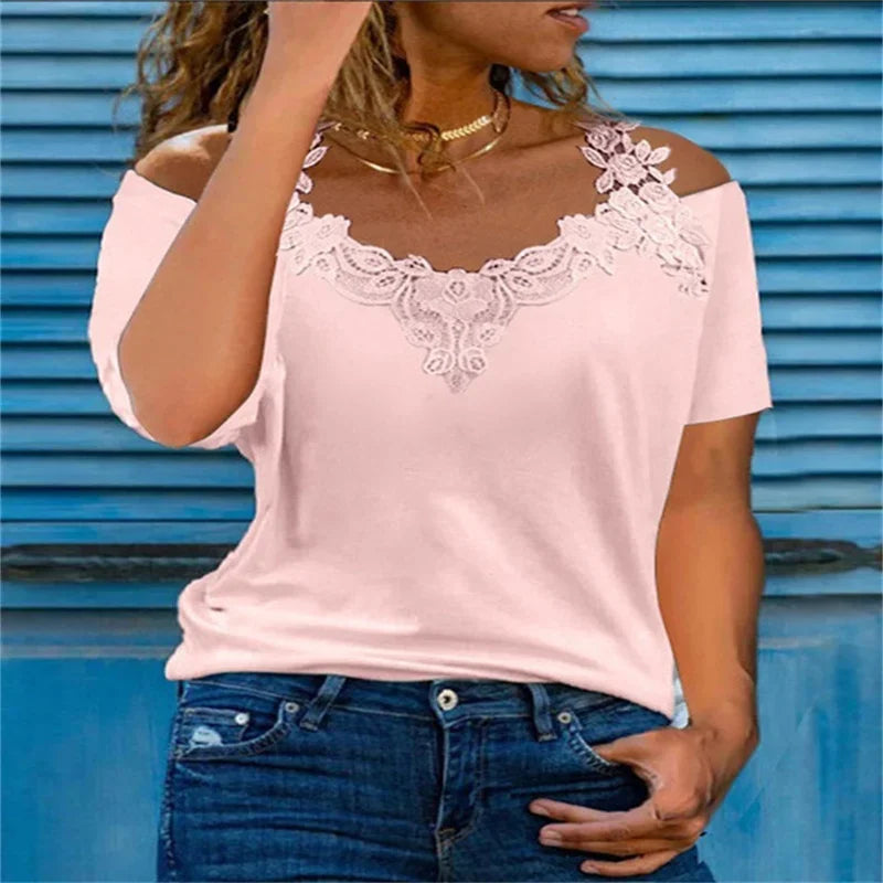 Summer Short Sleeve Sexy Lace Shirt Women Casual V Neck Loose T Shirt Ladies Hollow Off The Shoulders Sling Elegant Pullover Top
