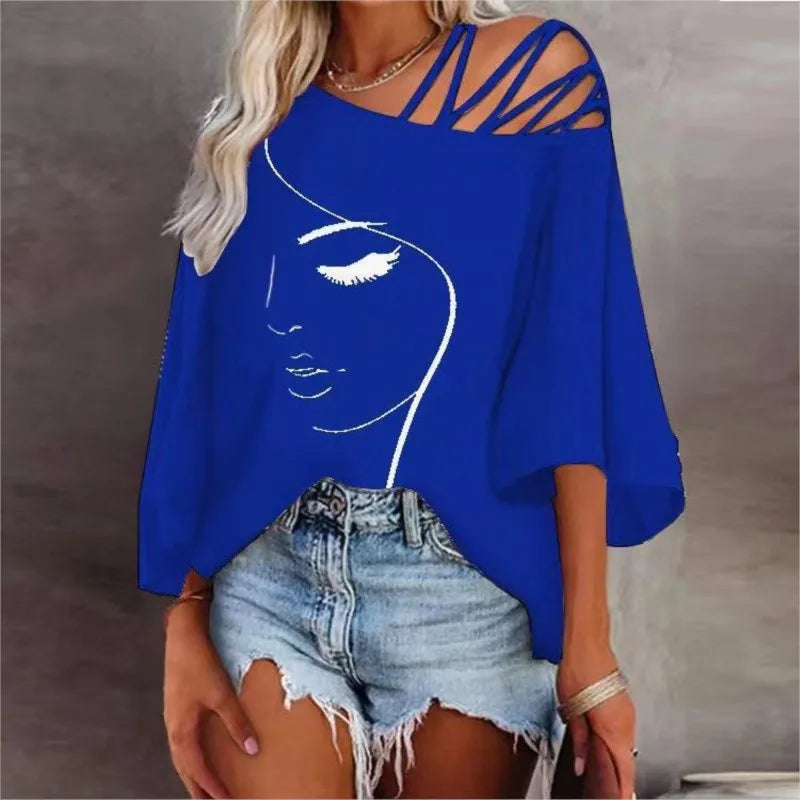 Women's Fashion Tees Casual Top 2025 Summer Print Hollow Out Female Sexy Loose T-shirt  womans clothing S-XXL