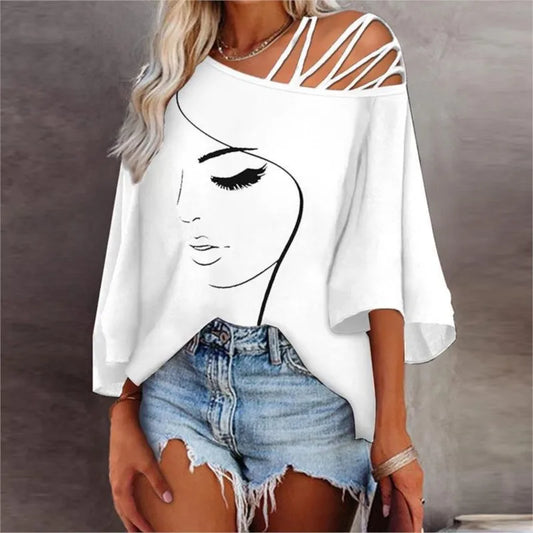 Women's Fashion Tees Casual Top 2025 Summer Print Hollow Out Female Sexy Loose T-shirt  womans clothing S-XXL