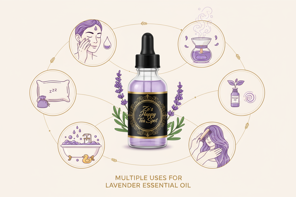 Lavender oil uses with Zo's Happy Tea Spot branding